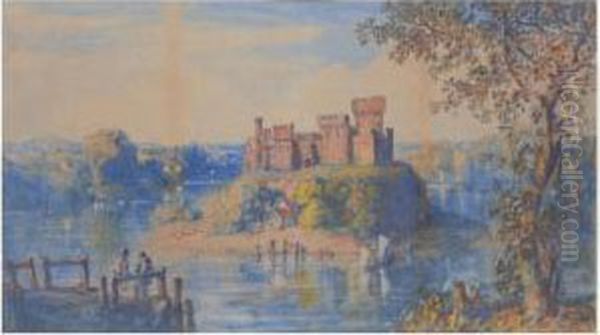 View Of A Castle In A Lake Oil Painting by John Joseph Cotman