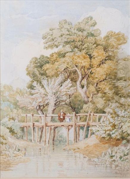 Figures On Abridge Oil Painting by John Joseph Cotman