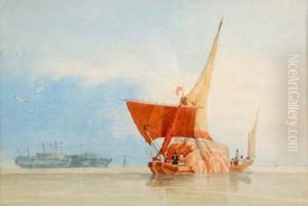 Barges On Themedway Oil Painting by Miles Edmund Cotman