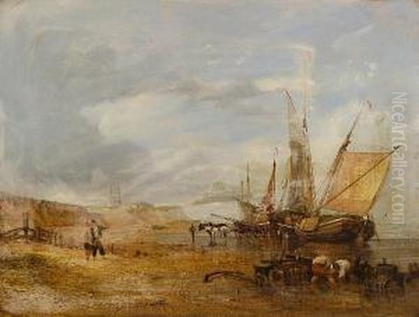 Fishing Vessel And Figures On The Shore, With A View Of Cromer Beyond Oil Painting by Miles Edmund Cotman