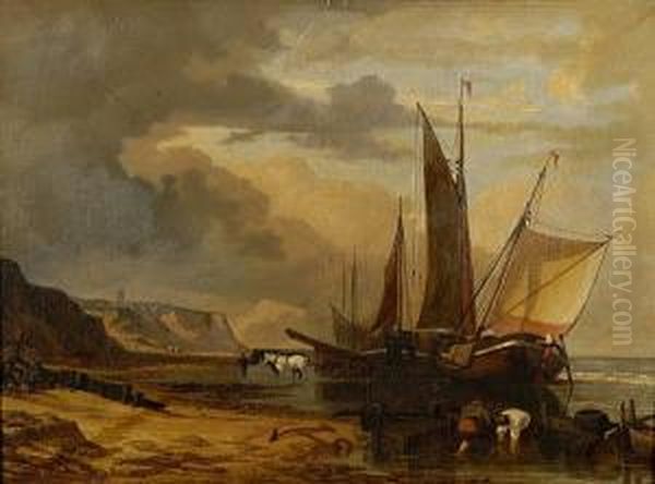 Coastal Scene With Fishing Vessel And Figures On The Shore Oil Painting by Miles Edmund Cotman