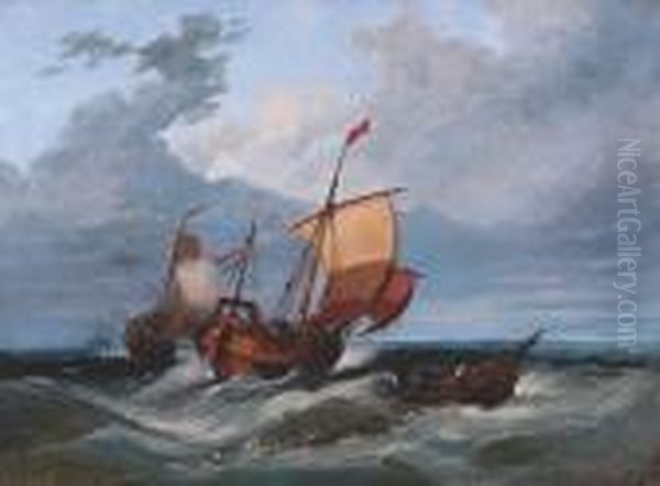 Dutch Fishing Boats Off 
Lowestoft, With The Yarmouth And Lowestoft Paddletug In The Background Oil Painting by Miles Edmund Cotman