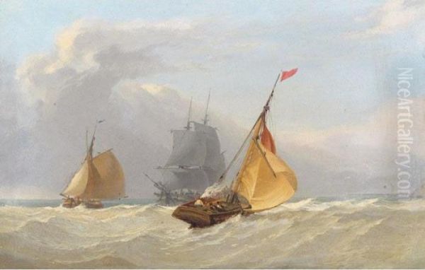 Sailing Boats With Brig In The Background Oil Painting by Miles Edmund Cotman