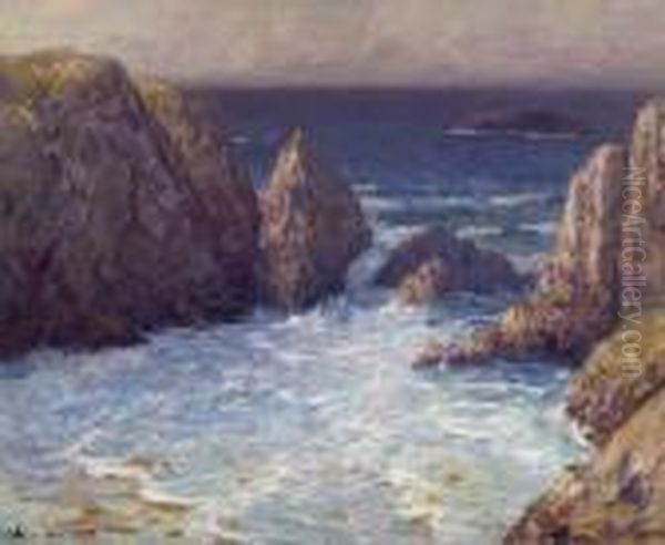 Rocky Coast. Verso Seated Woman In Green. Oil Painting by Charles Cottet