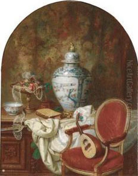 An Oriental Urn And Other 
Decorative Objects On An Oak Cofferbeside A Mandolin On A Chair Oil Painting by Alexandre Jean Couder