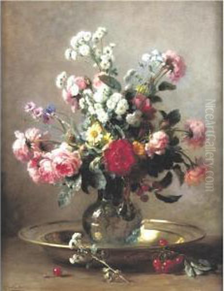 Sill Life With Flowers And Cherries Oil Painting by Gustave-Emile Couder