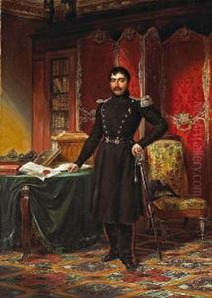 A Military Officer In His Study With Documentsand Books On A Table Oil Painting by L. Charles Auguste Couder