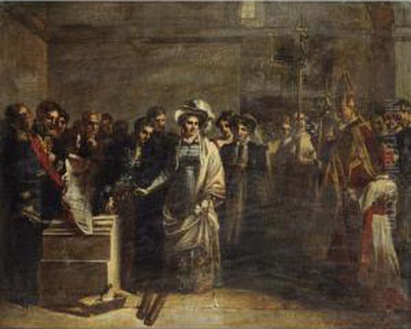 La Duchesse D'angouleme Posant 
La Premiere Pierre Du Monument Eleve Aux Victimes De Quiberon 
[louis-charles-auguste Couder ; The Duchess Of Angouleme Placing The 
First Stone Of The Building Raised In Memory Of The Quiberon Victims ; 
Oil On Canvas  Oil Painting by L. Charles Auguste Couder