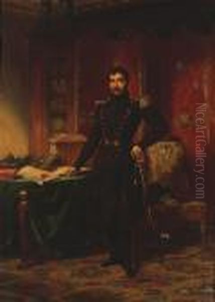 A Military Officer In A Study With Documents And Books On A Table Oil Painting by L. Charles Auguste Couder