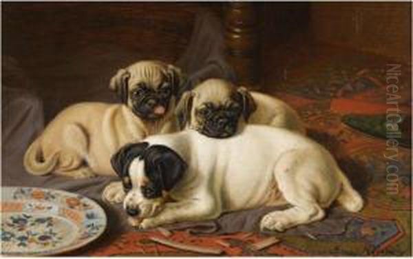 Dinner, Two Pugs And A Terrier Oil Painting by Horatio Henry Couldery