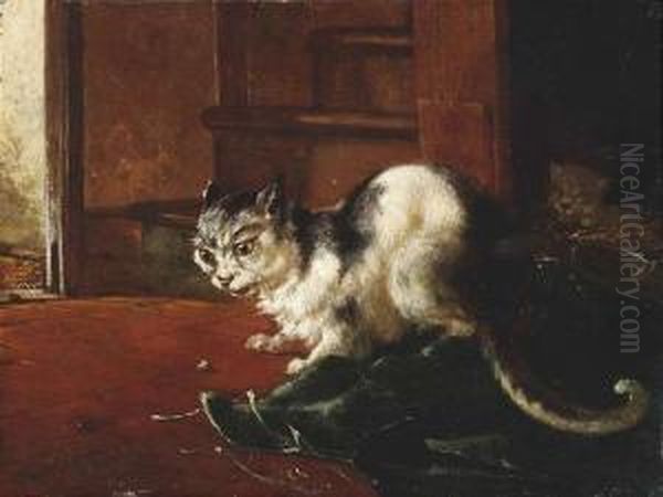 A Cat Keeps Taps On A Beetle Oil Painting by Horatio Henry Couldery