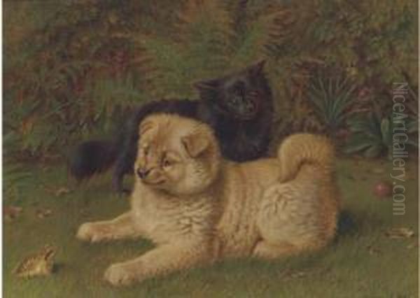 Chow Pomeranians In A Garden Oil Painting by Horatio Henry Couldery