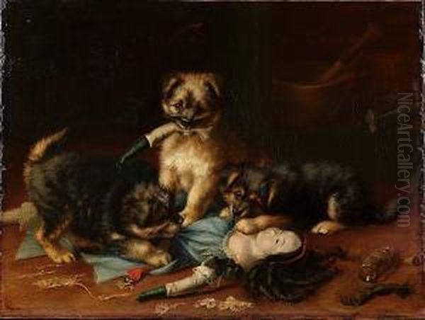 Puppies Playing With A Doll Oil Painting by Horatio Henry Couldery