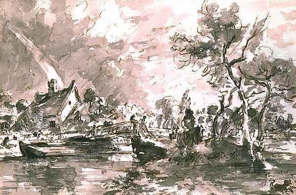 Flatford Old Mill Cottage on the Stour, pen and wash Oil Painting by John Constable