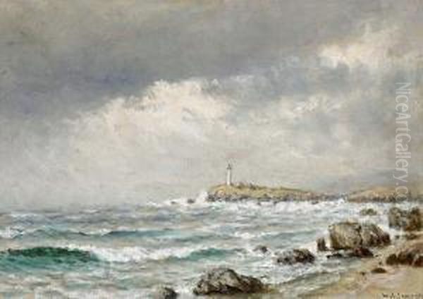 Distant Lighthouse Below Stormy Skies Oil Painting by William Alexander Coulter