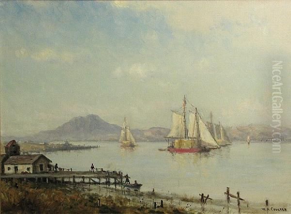 Petaluma River Scows On The San Joaquin Riverdelta West Of Mt. Diablo Oil Painting by William Alexander Coulter