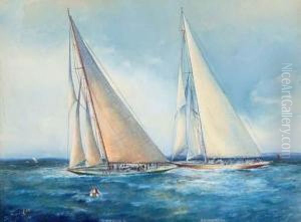 Shamrock (v) And Enterprise On An Upwind Leg Oil Painting by William Alexander Coulter