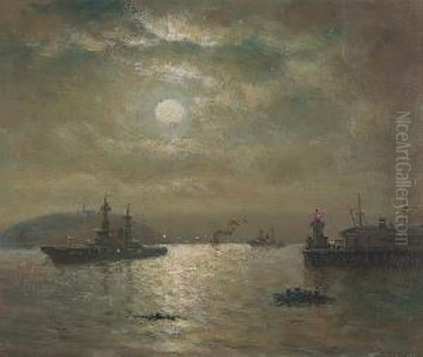 A Moonlit Battleship Entering A Harbor Oil Painting by William Alexander Coulter