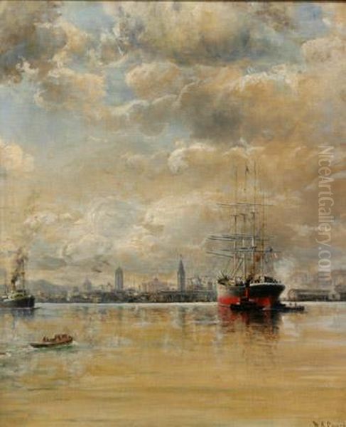 San Francisco Bay Harbor With A View Of The Ferry Building Oil Painting by William Alexander Coulter