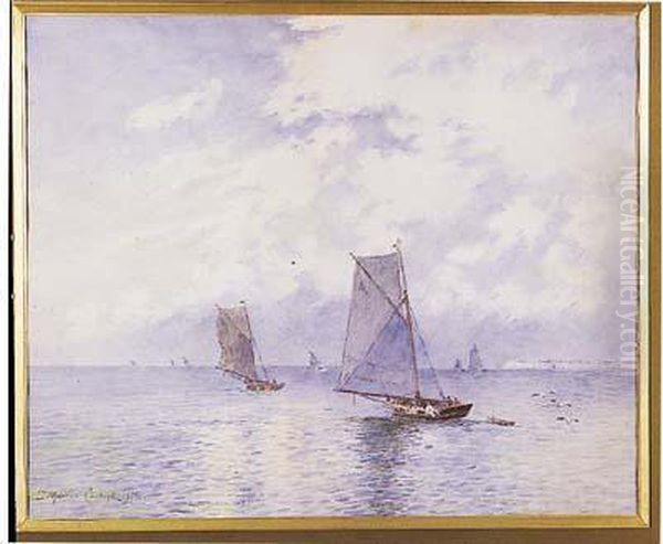 Aquarelle Representant Des 
Bateaux De Peche Sur Une Mer Formee, Signee Et Datee A Gauche 1891. Oil Painting by Maurice Francois A. Courant