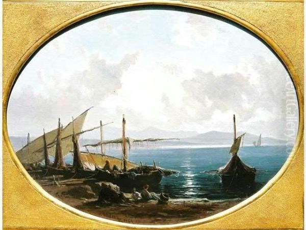 Effet De Soirsur Les Barques A La Greve Oil Painting by Vincent Courdouan