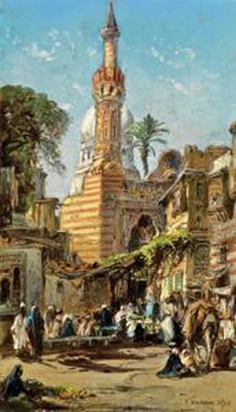 Foule Aux Abords D'une Mosquee Au Caire Oil Painting by Vincent Courdouan