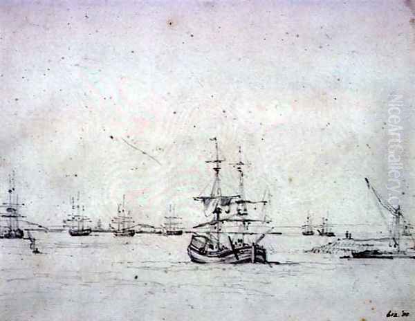 A brig at anchor and other shipping in the Thames Oil Painting by John Constable