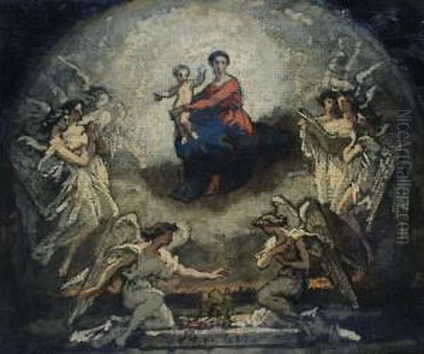 A Sketch Of The Virgin And Child Surrounded By Angels Oil Painting by Thomas Couture