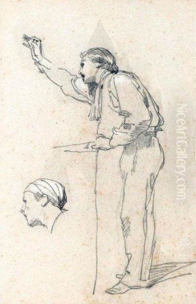 Study Of A Standing Man Seen 
From The Side With One Arm Raised, And Another Study Of A Male Head Oil Painting by Thomas Couture