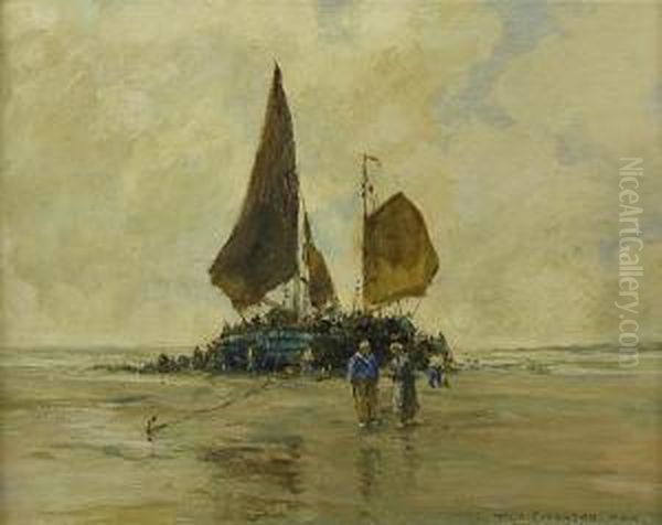 Fisherfolk Returning, Dutch Coast Oil Painting by Robert Mcgown Coventry