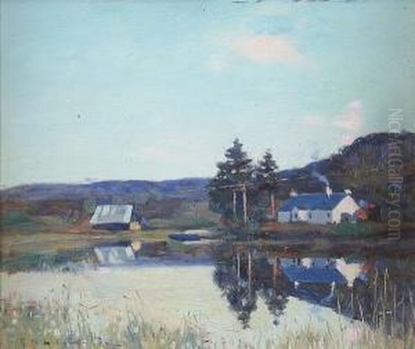 Reflections Of A Lochside Cottage Oil Painting by Robert Mcgown Coventry