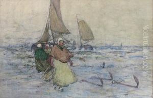 A Coastal Scene Of Sail Ships And Breton Women On Shore Oil Painting by Robert Mcgown Coventry