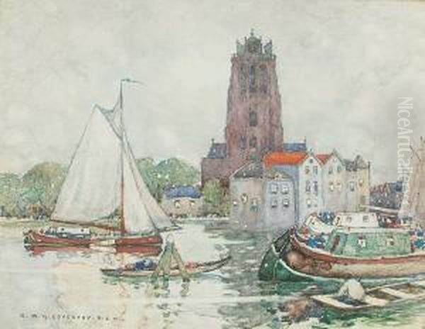 Boats And Barges By A Town Oil Painting by Robert Mcgown Coventry