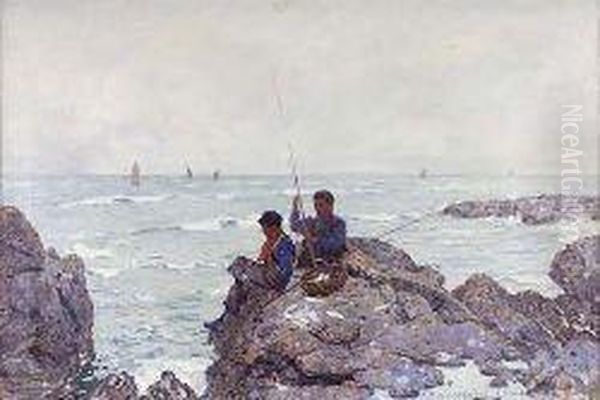 Boys Fishing From The Rocks Oil Painting by Robert Mcgown Coventry