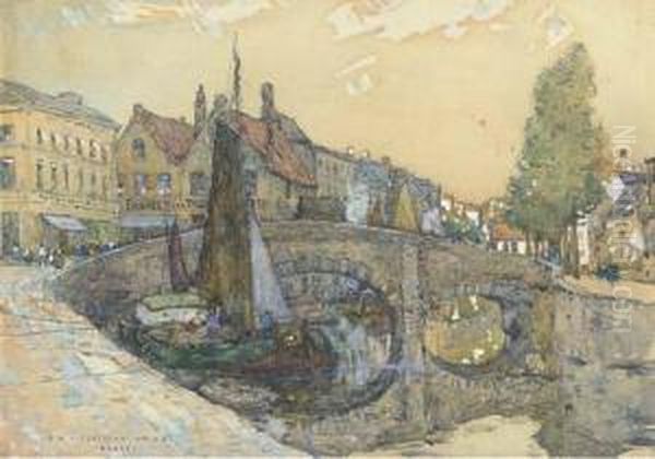 Bruges; And Barges On A Canal Before A Cathedral Oil Painting by Robert Mcgown Coventry