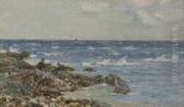 A Coastal Scene With Boys On The Rocks Oil Painting by Robert Mcgown Coventry