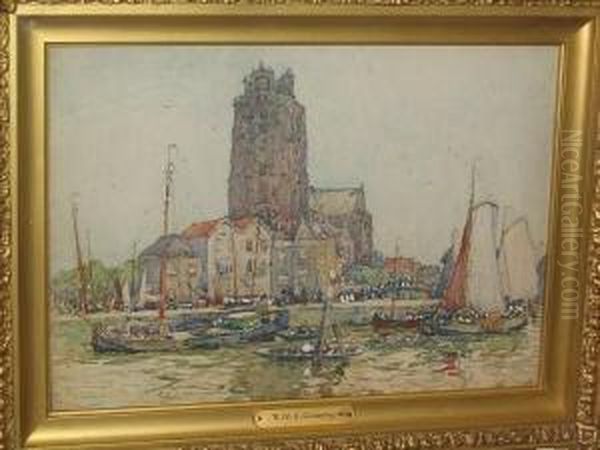 'bruges', And Another Continental Harbour Scene Oil Painting by Robert Mcgown Coventry