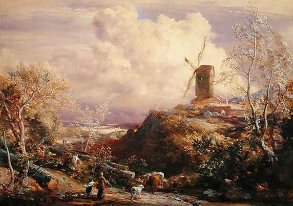 Windmill on a Hill with Cattle Drovers Oil Painting by John Constable