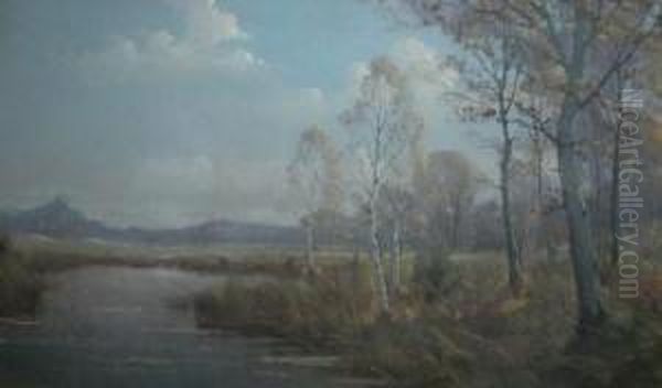 Silver Birch In A River Landscape Oil Painting by Garstin Cox