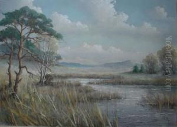 Reeds Bordering A River Landscape Oil Painting by Garstin Cox