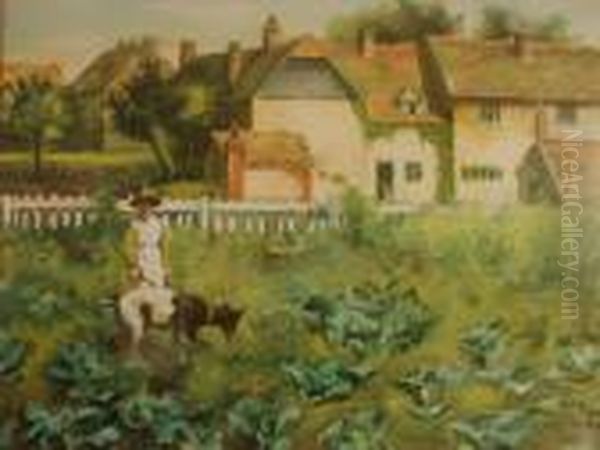 Country Woman And Goat In A Cabbage Field, Cottages Beyond Oil Painting by Garstin Cox