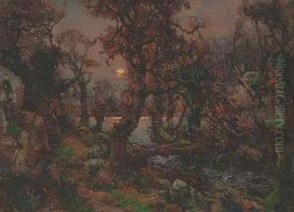 Moonlight Over A Woodland Pool Oil Painting by Garstin Cox