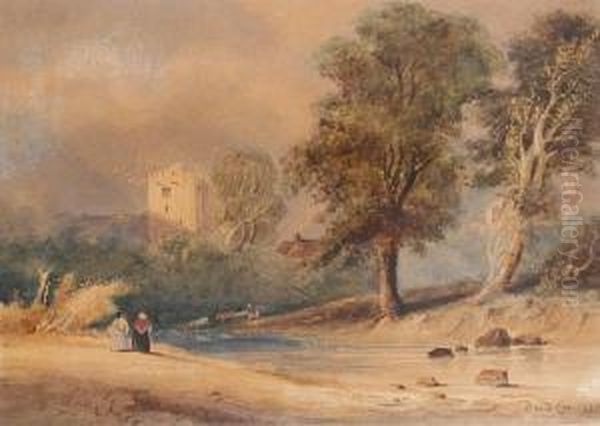 Figures In A Landscape Oil Painting by David Cox Snr.