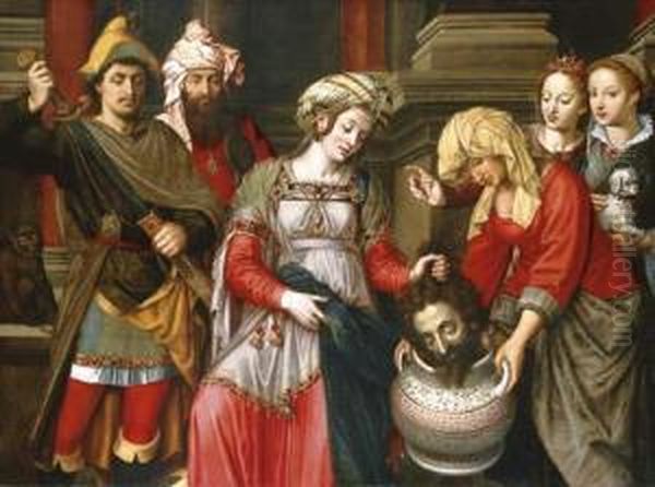 Queen Tomyris With The Head Of Cyrus Oil Painting by Michiel Van Coxcie