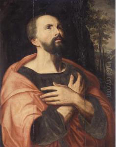 A Male Saint In A Landscape Oil Painting by Michiel Van Coxcie