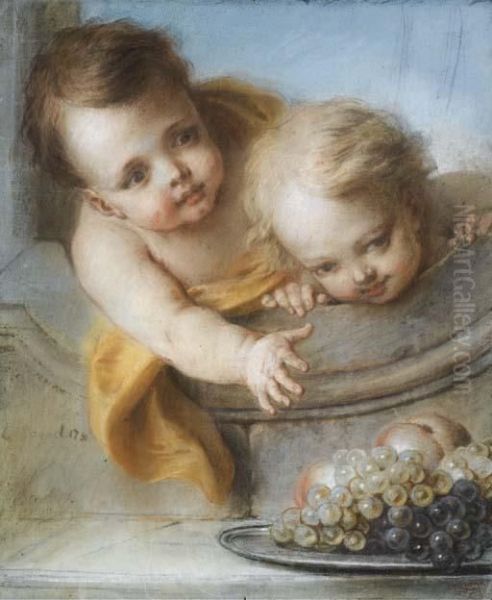 Deux Enfants S'avancant Vers Une Coupe De Fruits Avec Du Raisin Oil Painting by Charles-Antoine Coypel