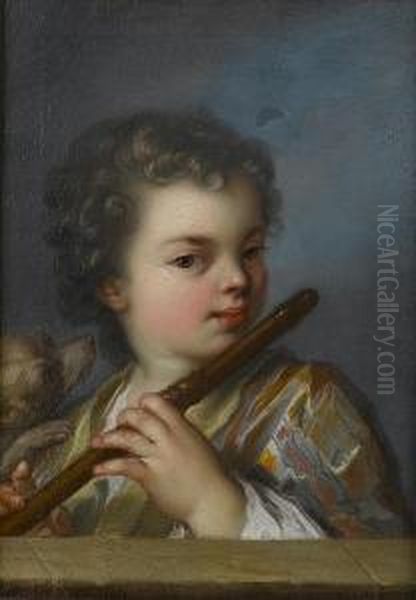 A Young Boy Playing The Flute At A Stone Ledge, A Dog At His Side Oil Painting by Charles-Antoine Coypel