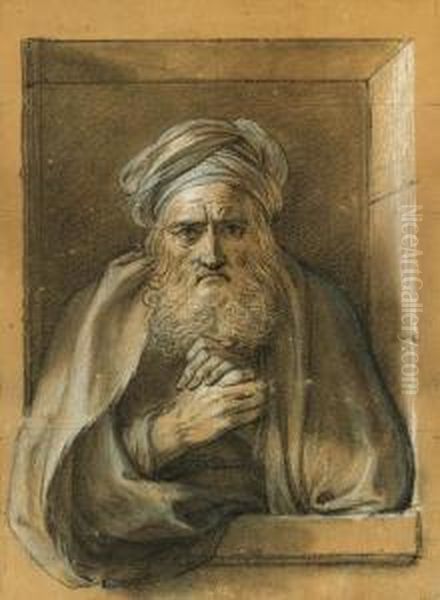 An Old Bearded Man Wearing A 
Turban Leaning On The Ledge Of Awindow And Rubbing His Hands Together Oil Painting by Charles-Antoine Coypel