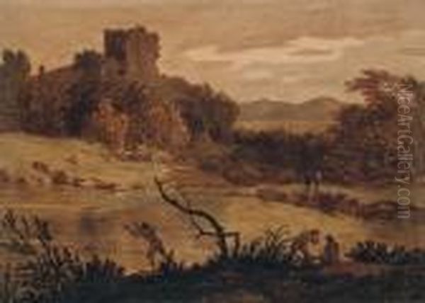 A Landscape With Men Bathing And A Ruined Tower Beyond Oil Painting by Alexander Cozens