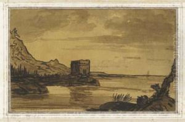 A Coastal Landscape With A Ruined Tower Oil Painting by Alexander Cozens